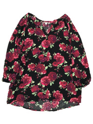 Pioneer Woman Womens Black & Pink Floral Rose Print Peasant Blouse Shirt