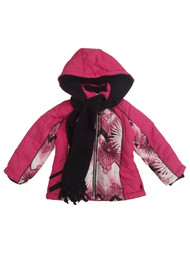 Toddler Girls Pink & Black Flowers Patterned Coat Jacket w/ Scarf & Hood
