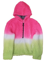 Girls Sherpa Neon Pink White & Lime Green Half Zip Jacket Hoodie