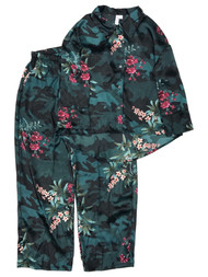 Womens Silky Green & Pink Floral Print Button Front Pajamas Sleep Set