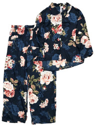 Womens Silky Blue & Pink Floral Rose Print Button Front Pajamas Sleep Set