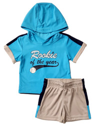 Infant Boys Blue Hooded Rookie Shirt & Gray Stripe Short Outfit 3/6m
