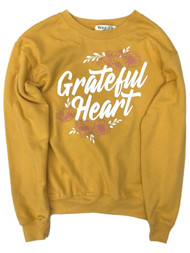 Junior Womens Mustard Yellow Grateful Heart Floral Sweat Shirt Sweatshirt