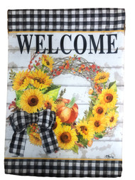 Welcome Plaid Fall Wreath Pumpkins Sunflowers Holiday Garden Flag 18 x 12