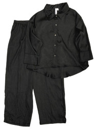 Womens Silky Black Button Front Pajamas Sleep Set