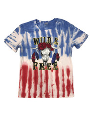 Womens Red White Blue Tye Dye Wild & Free Patriotic T-Shirt Tee Shirt