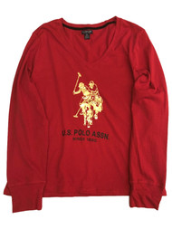 US Polo Assn. Womens Long Sleeve Red & Gold Foil V-Neck Tee Shirt T-Shirt