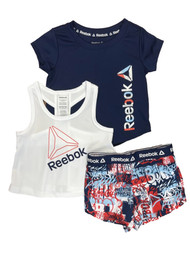 Reebok Toddler Girls Navy Red & White 3pc T-Shirt Tank Top & Shorts Set