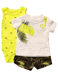Carters Infant Boys 3pc Green & Tan Lizard Bodysuit, T-Shirt & Shorts Set