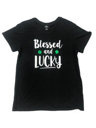 Womens Black Blessed And Lucky St Patricks Day Shamrock T-Shirt