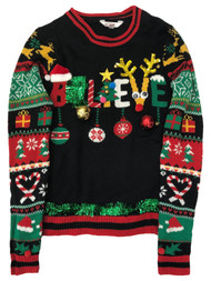 Junior Womens Black Tinsel Believe Reindeer Christmas Holiday Sweater