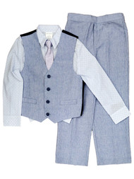 Van Heusen Boys Blue & White 4pc Suit Pants Vest, Shirt & Clip Tie Outfit