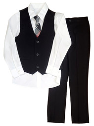 Boys 4 Piece Set White Button Down Shirt Black Vest & Pants Tie Outfit Set