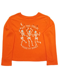 Girls Orange Skeleton Bones Long Sleeve Halloween T-Shirt Tee Shirt