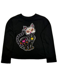 Girls Black Cat Long Sleeve Day of Dead Halloween T-Shirt Tee Shirt