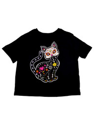 Girls Black Cat Day of Dead Short Sleeve Halloween T-Shirt Tee Shirt