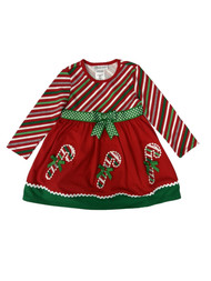 Infant& Toddler Girls Red & Green Long Sleeve Candy Cane Christmas Dress