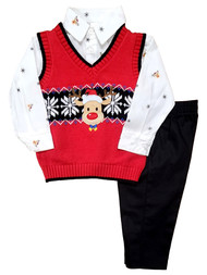 IZOD Infant Boys Dress Up Red Reindeer Vest Black Pants & Shirt Outfit Set