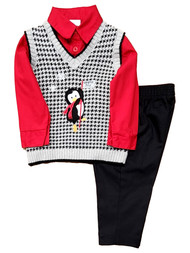 IZOD Infant Boys Dress Up Penguin Vest Black Pants & Shirt Outfit Set