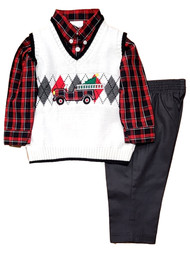 IZOD Infant Boys Dress Up Red Truck Vest Gray Pants & Shirt Outfit Set