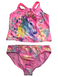 Girls Pink Rainbow Tie Dye Unicorn Butterfly 2pc Tankini Swimming Suit