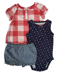 Carters Infant Girls Pink Plaid Top Navy Floral Bodysuit & Shorts Outfit
