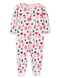 Carters Infant Girls Pink & Red Christmas Holiday Zip Up Sleeper Pajama
