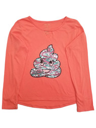 Girls Coral Orange & Pink Sequins Pile of Poop Emoji Tee Shirt T-Shirt XL (16)