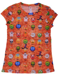 Junior Womens Orange Halloween Emoji T-Shirt Ghost Witch & Pumpkin Tee Top Large