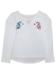 Girls White Pink & Blue Unicorn Sequins Long Sleeve T-Shirt Tee Shirt