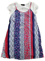 Girls Red Blue & White Top & Floral Dress w/ Matching Necklace Outfit