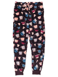 Womens Plush Burgundy Coffee & Tea Cup Joggers Sleep Pants Pajama Bottoms