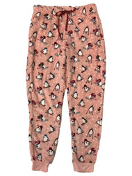 Womens Plush Pink Skiing Penguin Joggers Sleep Pants Pajama Bottoms