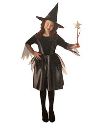 Girls Black Nice Witch Dress Hat & Wand Halloween Costume