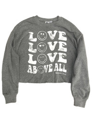 Womens Distressed Gray Semi-Crop Love Smile Sweat Shirt Sweatshirt
