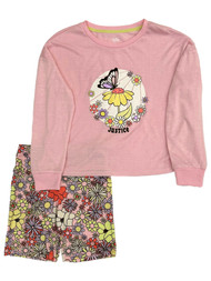 Justice Girls Pink & Purple Butterfly Flower Floral Pajamas Lounge Sleep Set