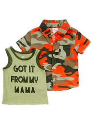 Infant Boys Green Button Up Camo "Got It From My Mama" Shirt & Tank Top Set