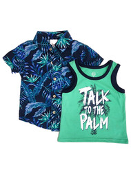 Infant Boys Tropical Blue & Green Palm Button Front Shirt & Tank 2pc Outfit 12m