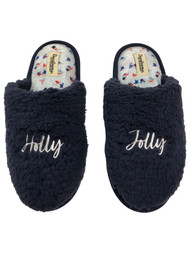 Dearfoams Womens Plush Blue Sherpa Holly Jolly Holiday Slippers