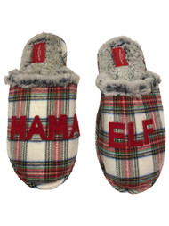 Womens Plush White Christmas Plaid Mama Elf Holiday Slippers