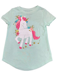 Toddler Girls Mint Green Pink Sparkly Floral Unicorn Short Sleeve Tee T-Shirt