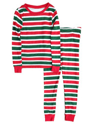 Boys Red, White & Green Stripe Christmas Long Sleeve 2 Piece Pajama Sleep Set 6