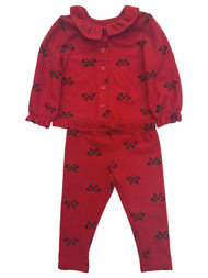 Infant Girls Red Knit Peter Pan Collared Button Up Shirt & Pants Set Outfit