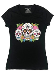 Womens (Jr's) Colorful Black Sugar Skull Halloween T-Shirt Tee Shirt