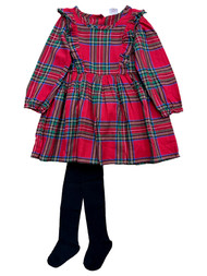 Infant Girls Red Plaid Dress & Black Footed Tights Stockings Set Outfit