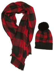 Womens Red & Black Buffalo Plaid Pom Beanie Hat & Soft Blanket Scarf Set