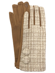 Womens White & Tan Plaid Button Stretch Fit Texting & Tech Touchscreen Gloves