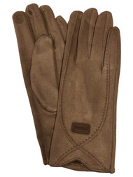 Womens Khaki Brown Stitch Suede-Like Stretch Fit Text & Tech Touchscreen Gloves