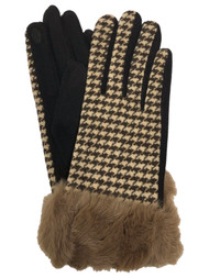 Womens Brown Houndstooth Faux Fur Stretch Fit Texting & Tech Touchscreen Gloves