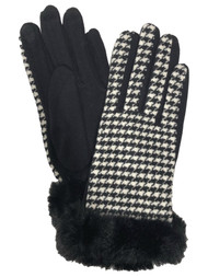 Womens Black Houndstooth Faux Fur Stretch Fit Texting & Tech Touchscreen Gloves